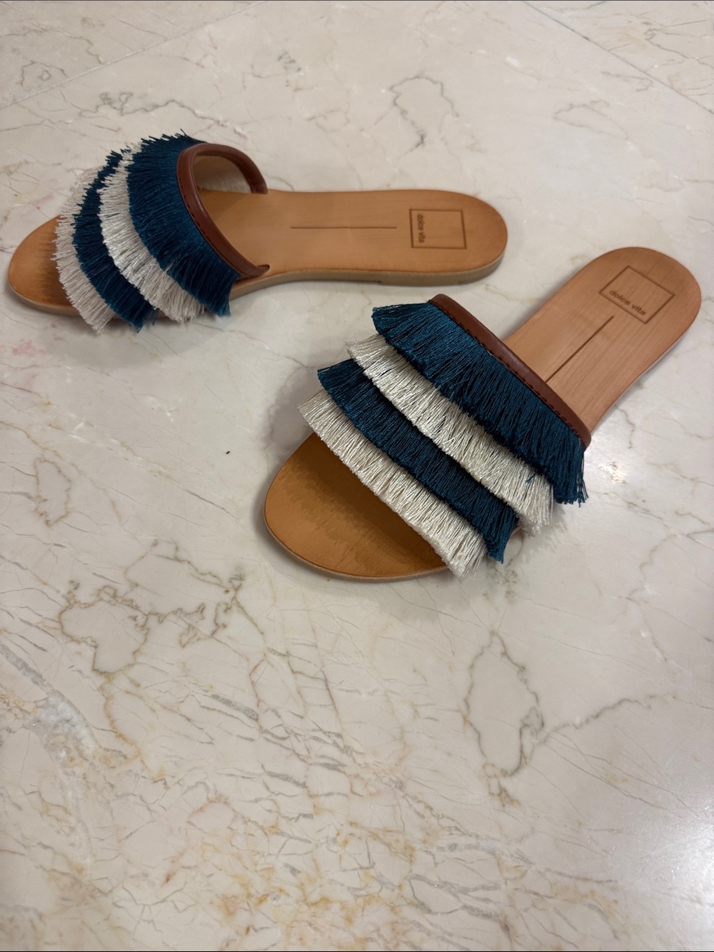 Dolce Vita Teal and Cream Layered Fringe Slide Sandals